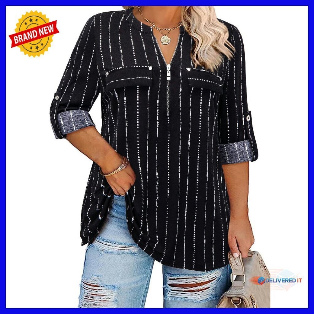 Plus Size 3/4 Sleeve Zip Front V-Neck Tunic Blouse Loose Fit